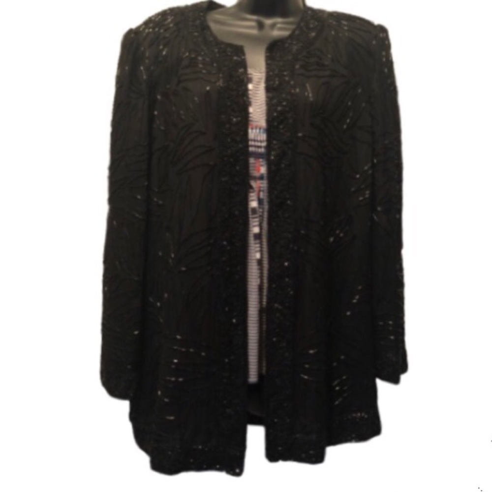Vintage Black Beaded Silk Jacket Brilliant by J.A. Size Extra Large XL - Picture 2 of 8